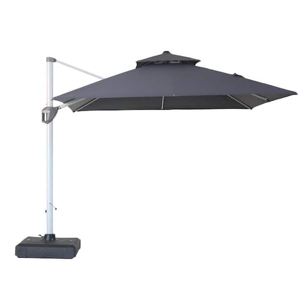 Clihome 10 ft. Outdoor Gray Patio Cantilever Square Umbrella with Base, Protective Cover, 360-Degree Rotating Foot Pedal