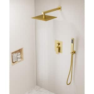 Double Handle 2-Spray Shower Faucet 10 in. Square Shower Head with High Pressure in Brushed Gold (Valve Included)