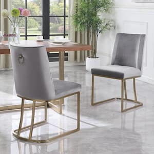 Set of 2 Velvet Upolstered Dining Side Chairs with Gold Metal Legs, Gray