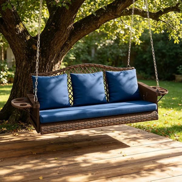 3-Person Brown Wicker Porch Swing with Blue Cushions