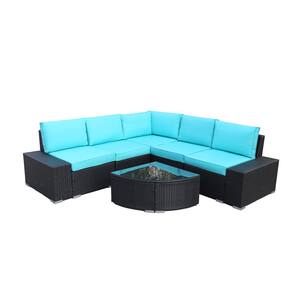 Outdoor Black 6-Piece Wicker Patio Conversation Set with Blue Cushions