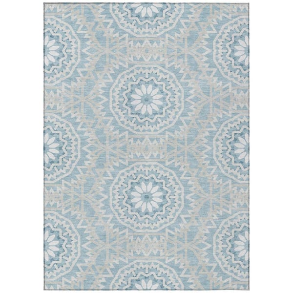 Denim Blue, Ivory 3 ft. x 5 ft. Woven Floral, Medallion Polyester Rectangle Indoor/Outdoor Area Rug