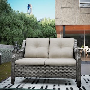 Brown Wicker Outdoor Patio Loveseat with Beige Cushions