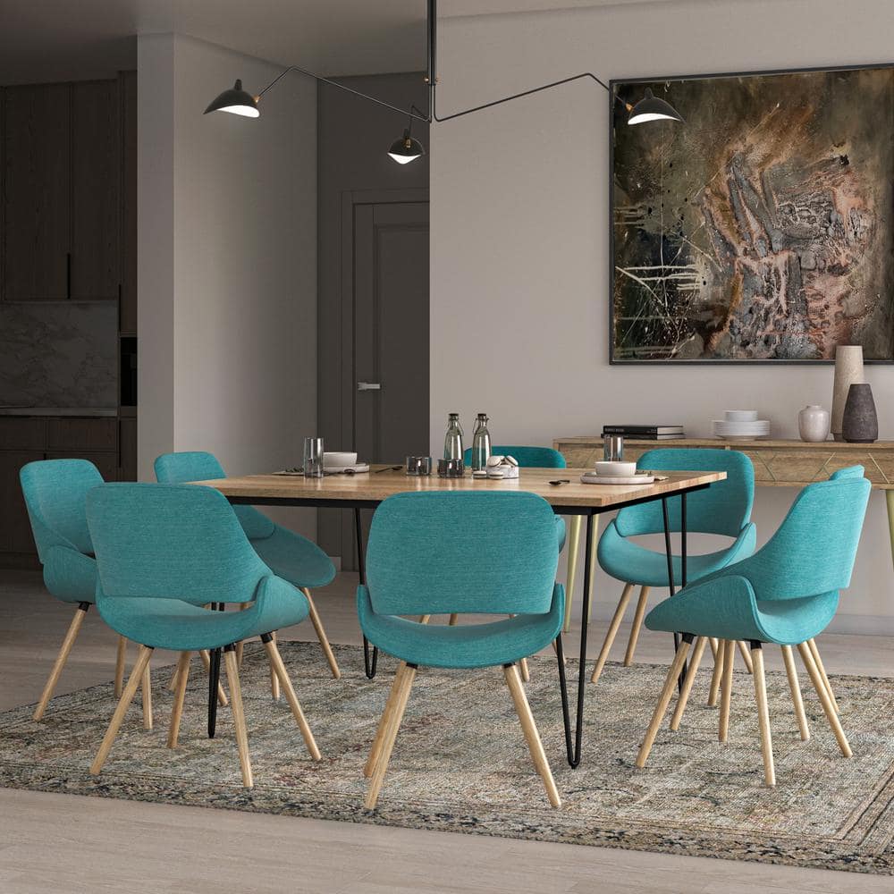 Turquoise Blue Linen Upholstered Side Chair with Natural Oak Legs