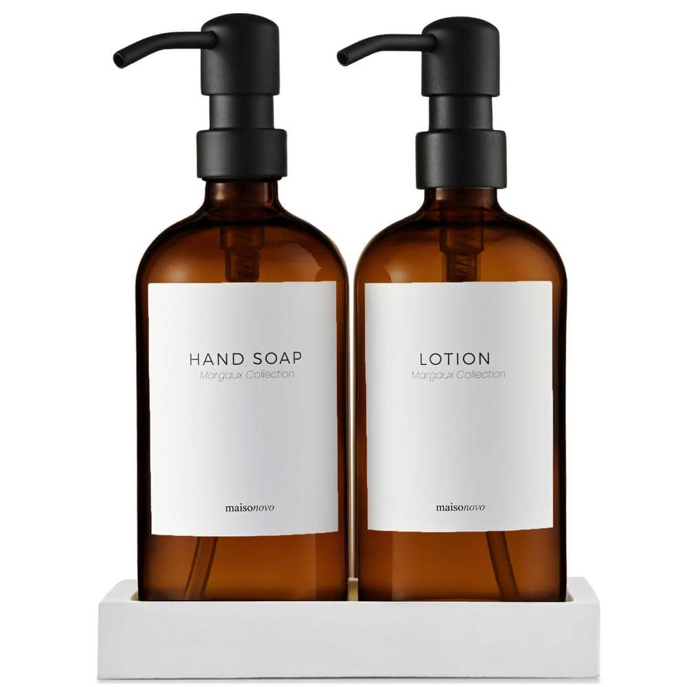 2-Pieces, Glass Hand Soap and Lotion Dispenser with Hand Made Concrete Tray