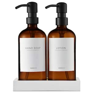 2 Pcs, Glass Hand Soap and Lotion Dispenser with Hand Made Concrete Tray in Amber Bottles and Black Pumps