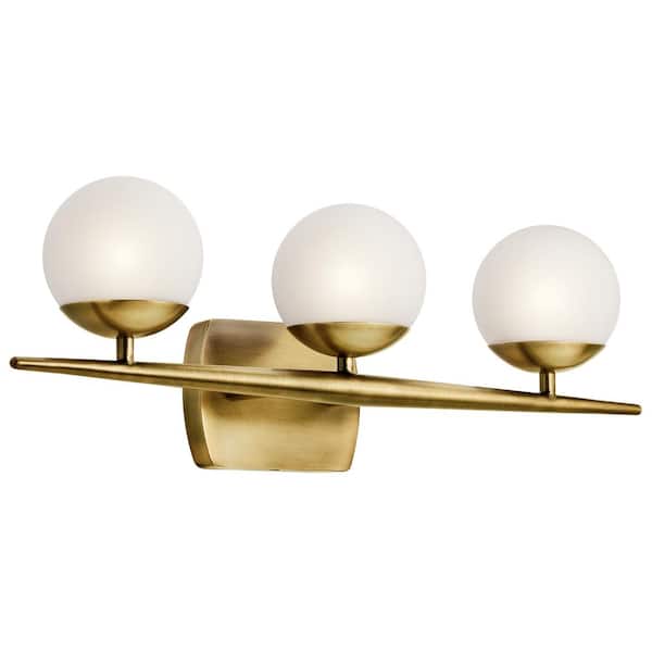Jasper 24.5 in. 3-Light Natural Brass Halogen Mid-Century Modern Bathroom Vanity Light with Etched Glass Shade