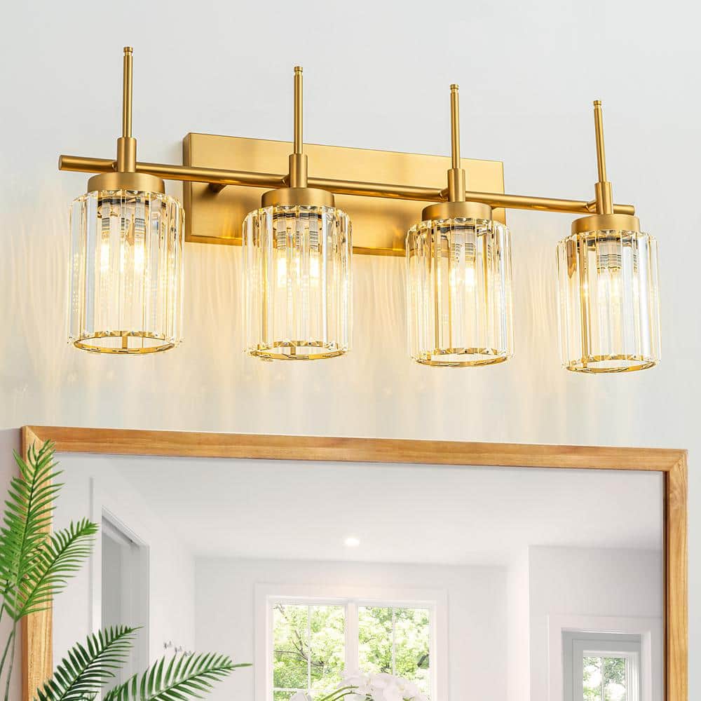 Orillia 27.17 in. 4-Light Modern Industrial Gold Bathroom Vanity Light with Crystal Cylinder Shades price history on PriceWatchPro