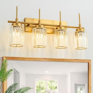 Orillia 27.17 in. 4-Light Modern Industrial Gold Bathroom Vanity Light with Crystal Cylinder Shades