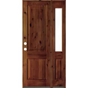 44 in. x 96 in. knotty alder Right-Hand/Inswing Clear Glass Red Chestnut Stain Square Top Wood Prehung Front Door w/RHSL