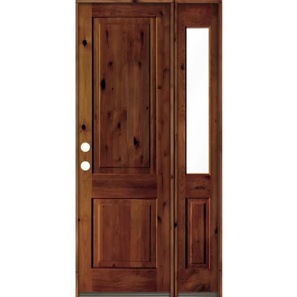 Krosswood Doors 44 in. x 96 in. knotty alder Right-Hand/Inswing Clear Glass Red Chestnut Stain Square Top Wood Prehung Front Door w/RHSL
