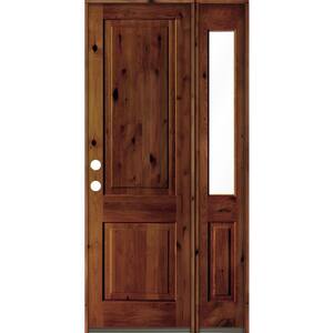 46 in. x 96 in. knotty alder Right-Hand/Inswing Clear Glass Red Chestnut Stain Square Top Wood Prehung Front Door w/RHSL