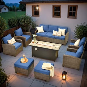 Pirani Brown 8-Piece Wicker Patio Rectangle Fire Pit Conversation Set Navy Blue with Cushions