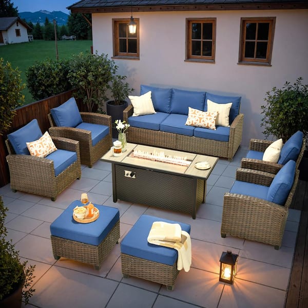 OVIOS Pirani Brown 8-Piece Wicker Patio Rectangle Fire Pit Conversation Set Navy Blue with Cushions