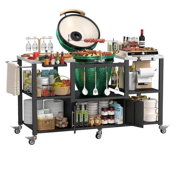 65 in. W Outdoor Stainless Steel Grill Cart Table Stand for Big Green Egg with Storage Cabinet and Wheels