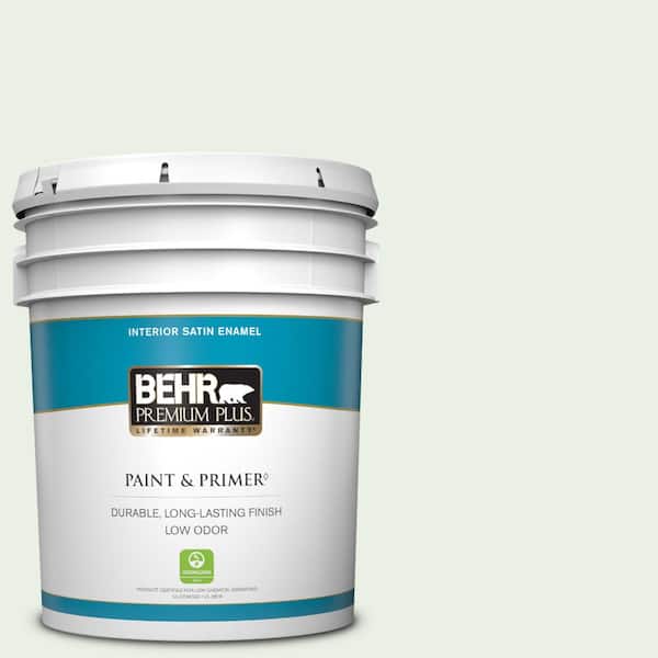 BEHR PREMIUM PLUS 5 gal. #440C-1 Cool White Satin Enamel Low Odor Interior Paint & Primer