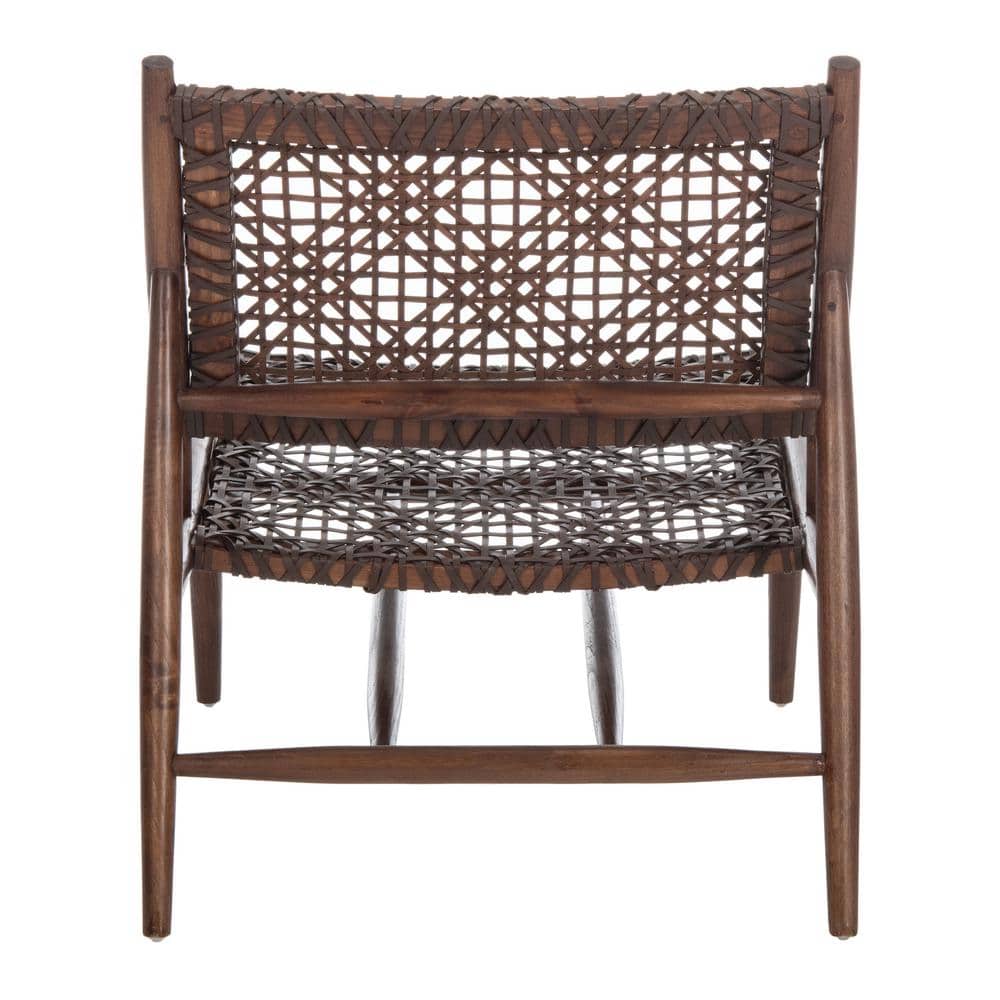 Transitional Brown Leather Weave Accent Chair with Sungkai Wood