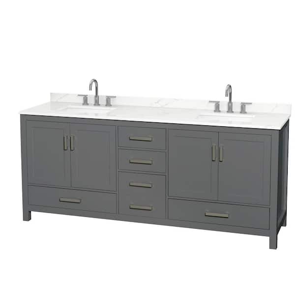 Wyndham Collection Sheffield 80 in. W.. x 22 in. D x 35 in. H Double Bath Vanity in Dark Gray with Giotto Quartz Top