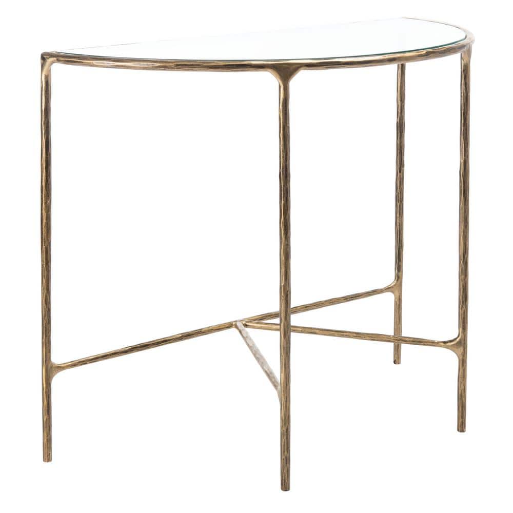 Aristocratic Brass Demilune Console Table with Sleek Glass Top