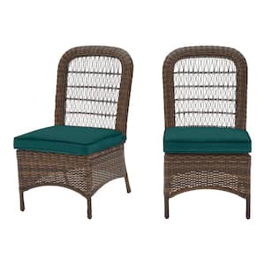 Beacon Park Brown Wicker Outdoor Patio Armless Dining Chair with CushionGuard Malachite Green Cushions (2-Pack)