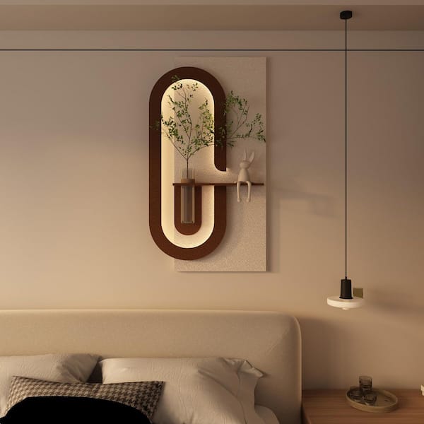 23.63 in. x 47.25 in. Beige 3D LED Sandstone Wall Architectural Decor with Glass Vase and Rabbit Statue by PVC