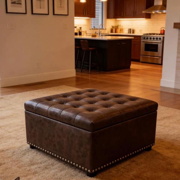 Dark Brown Faux Leather Upholstered Square Storage Ottoman with Button Tufted and Nailhead Trim
