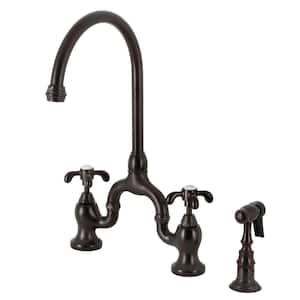 French Country Double-Handle Deck Mount Gooseneck Bridge Kitchen Faucet with Brass Sprayer in Oil Rubbed Bronze
