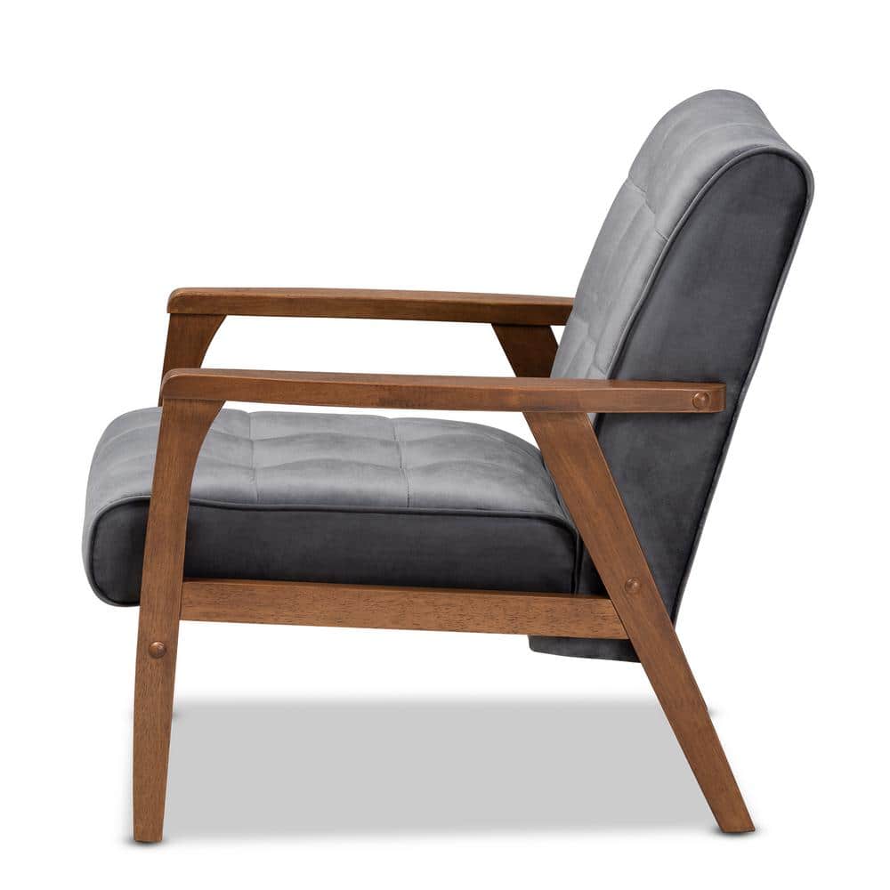 Mid-Century Modern Gray Velvet Accent Chair with Walnut Wood Frame
