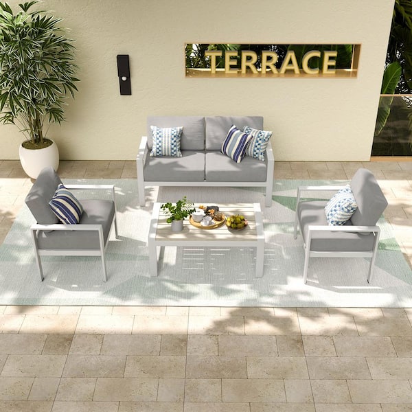 GARSING 4-Piece Metal Patio Conversation Seating Set with in White Cushions