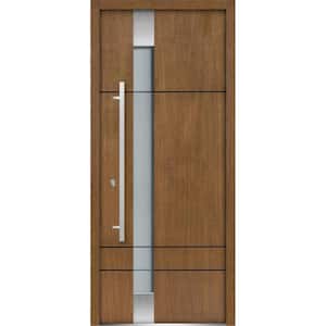 36 in. x 80 in. 1 Panel Right-Hand/Inswing 4 Lites Frosted Glass Brown Finished Steel Prehung Front Door with Handle