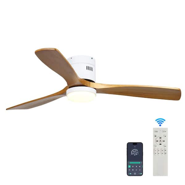 FIRHOT 52 in. Smart Indoor White Low Profile Standard Ceiling Fan with Solid Wood Blade APP Remote Dimmable LED
