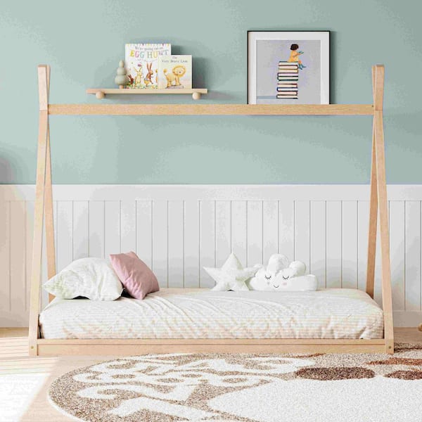 Natural Wood Frame Twin Size Platform Bed, House Shape Tent Bed without Slats