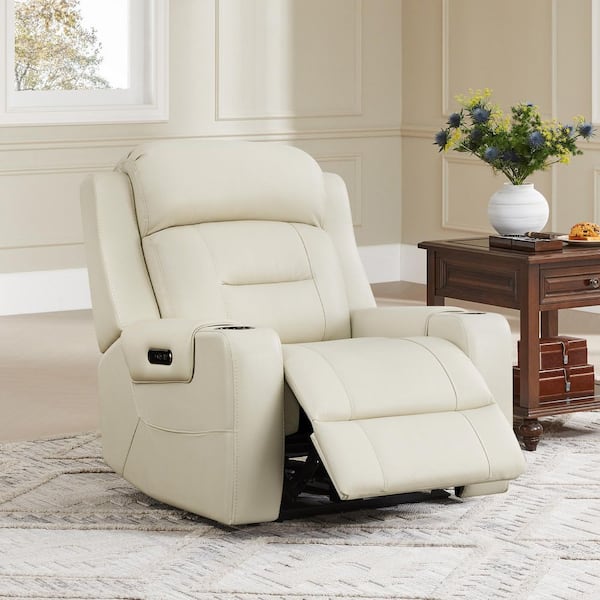 Finn Cream leather Oversized Power Recliner Chair with Power Headrest,Pockets, Cup Holders and USB&Type-C Charging Port