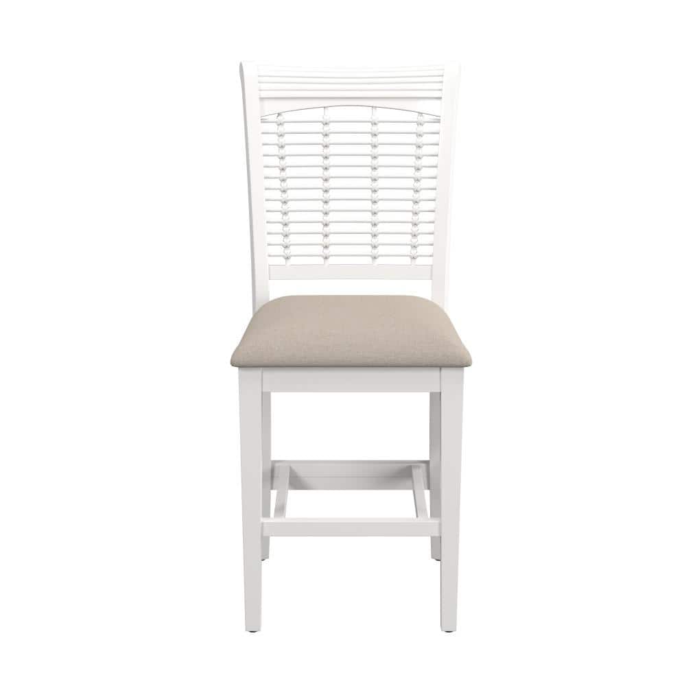 Bayberry White Wood Counter Stools with Beige Upholstery, Set of 2