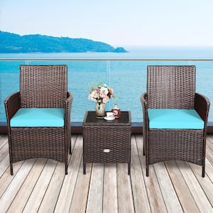 3-Pieces Wicker Patio Conversation Set with Blue Cushions