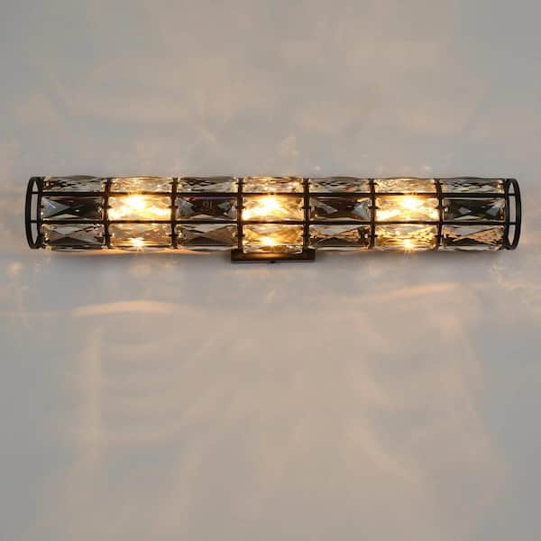 LNC Modern Transitional 23.6 in. 3-Light Black Vanity Light with Crystal Shade Glam Cylinder Wall Sconce for Powder Room