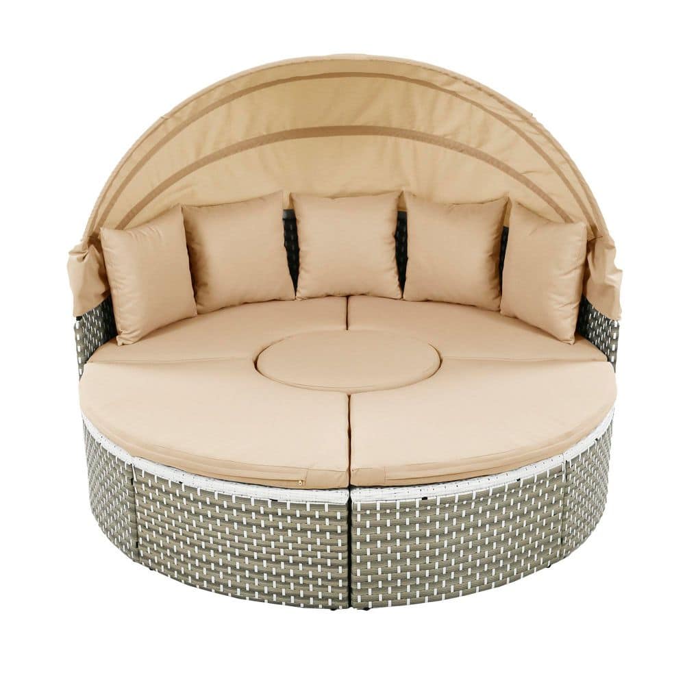 Round Gray Wicker Outdoor Sectional Set and Day Bed with Light Coffe Cushio