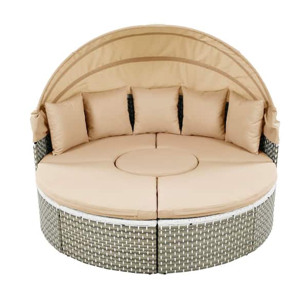Unbranded Round Gray Wicker Outdoor Sectional Set and Day Bed with Light Coffe Cushion and Canopy