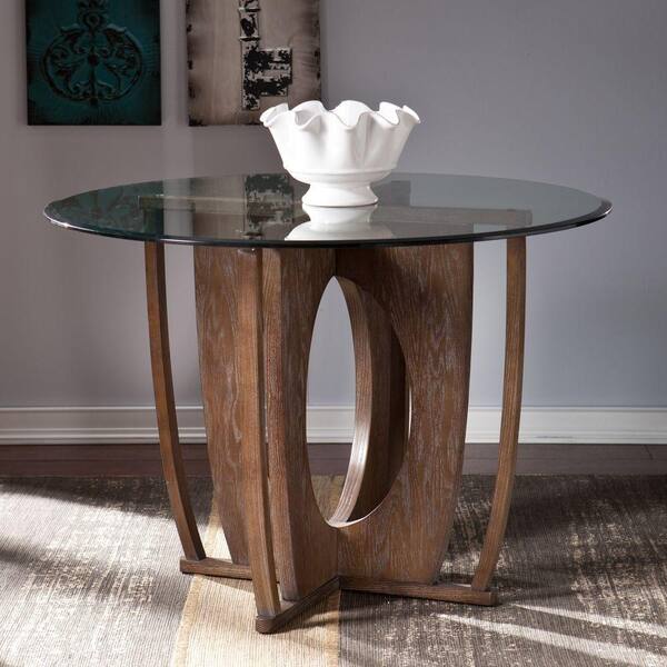 Southern Enterprises Rufina Glass Top 42 in. W Round Dining Table in Burnt Oak