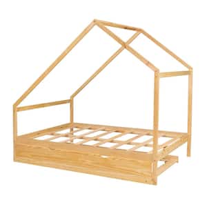 Natural Full Size Wood House Bed with Twin Size Trundle, Wooden Kids Playhouse Bed Frame, No Box Spring Needed