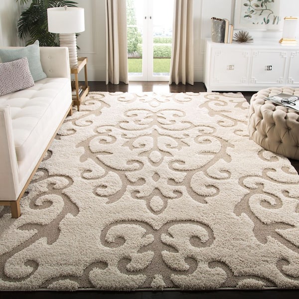 Florida Shag 10 ft. x 13 ft. Cream/Beige Geometric Floral Area Rug