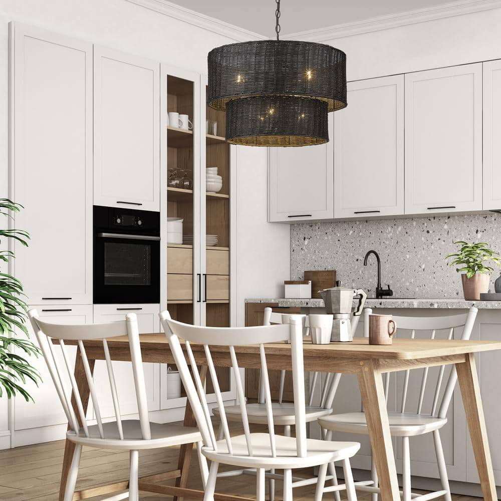 Matte Black Wicker 6-Light Chandelier
