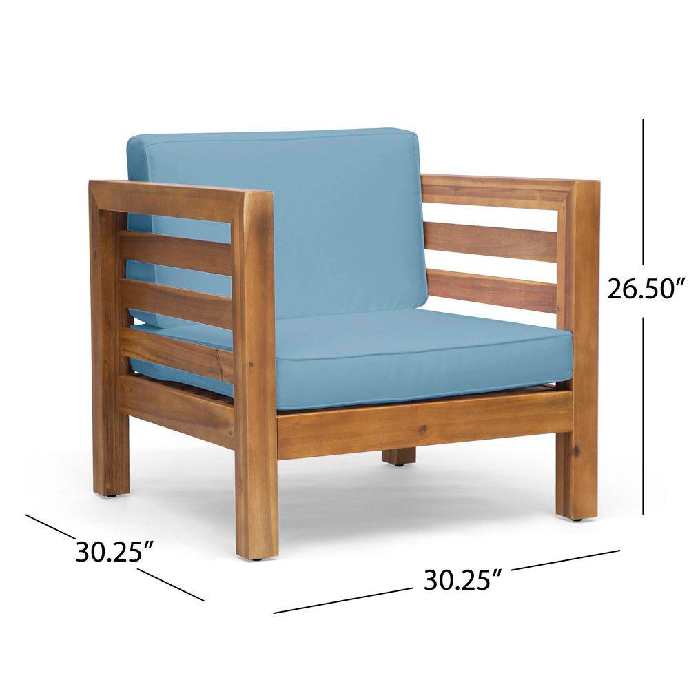 Louise Teak Finish Acacia Wood Club Chair with Blue Cushions