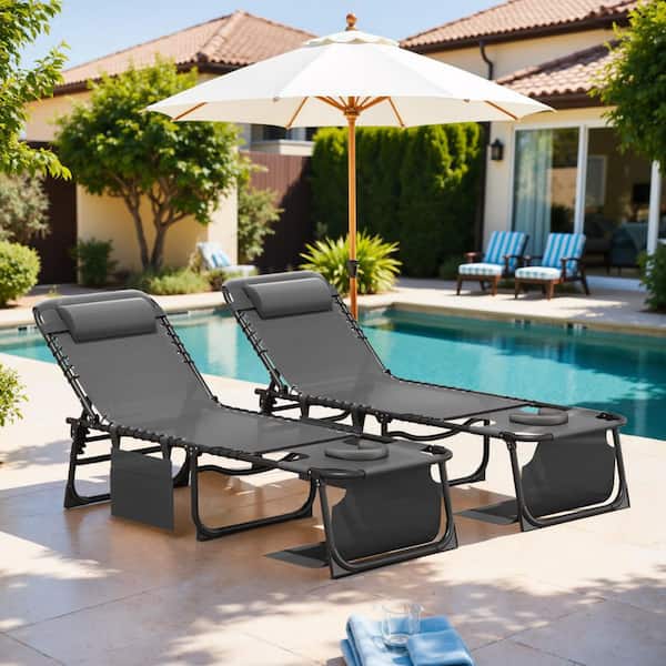 2-Pieces Metal Folding Outdoor Chaise Lounge with Face Hole, 5-Position Reclining Portable Patio Chair, Gray