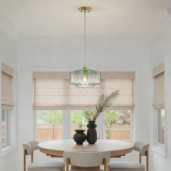 TinHon Modern Brass Green Glass Pendant Light for Kitchen Island