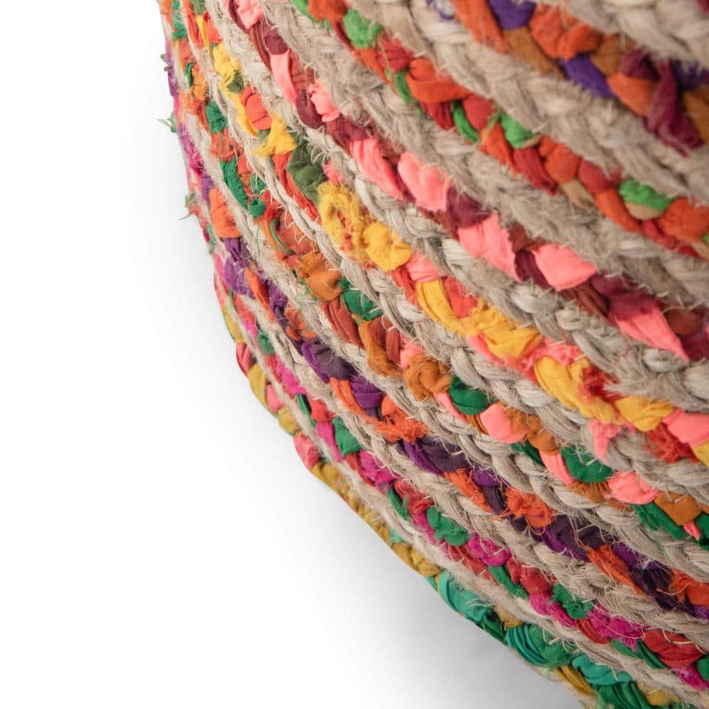 Margo Boho Hand-Braided Jute & Cotton Round Pouf, Multicolor