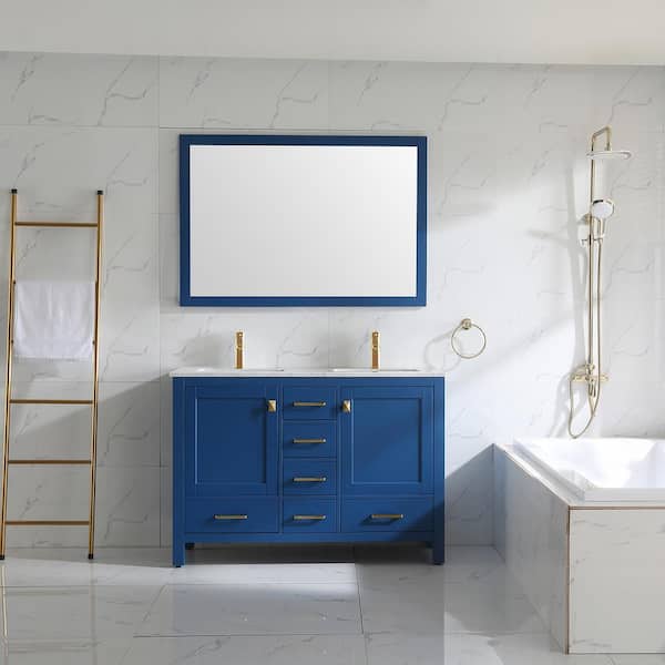 Eviva London 48 in. W x 18 in. D x 34 in. H Bathroom Vanity in Blue with White Carrara Marble Top with White Sink