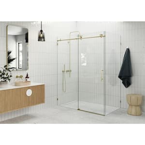 56 in. W x 78 in. H Rectangular Sliding Frameless Corner Shower Enclosure in Brass with Clear Glass