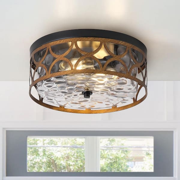 13.77 in. 2-Light Farmhouse Flush Mount Ceiling Light with Water Ripple Glass Shade