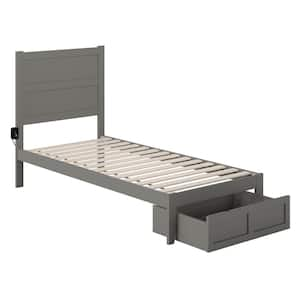 NoHo Grey Twin Extra Long Solid Wood Storage Platform Bed with Foot Drawer and Attachable USB Charger